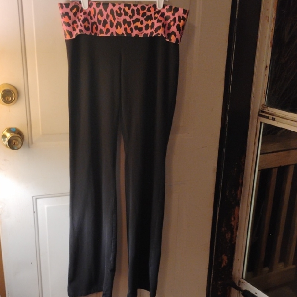 Victoria's Secret Black Leggings with Pink Leopard Fold-Over Waistband